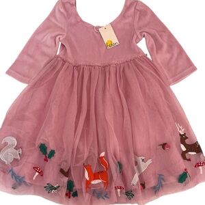 NWT Mini Boden Pink Velvet Bodice Tulle Dress Woodland Animals 5/6y